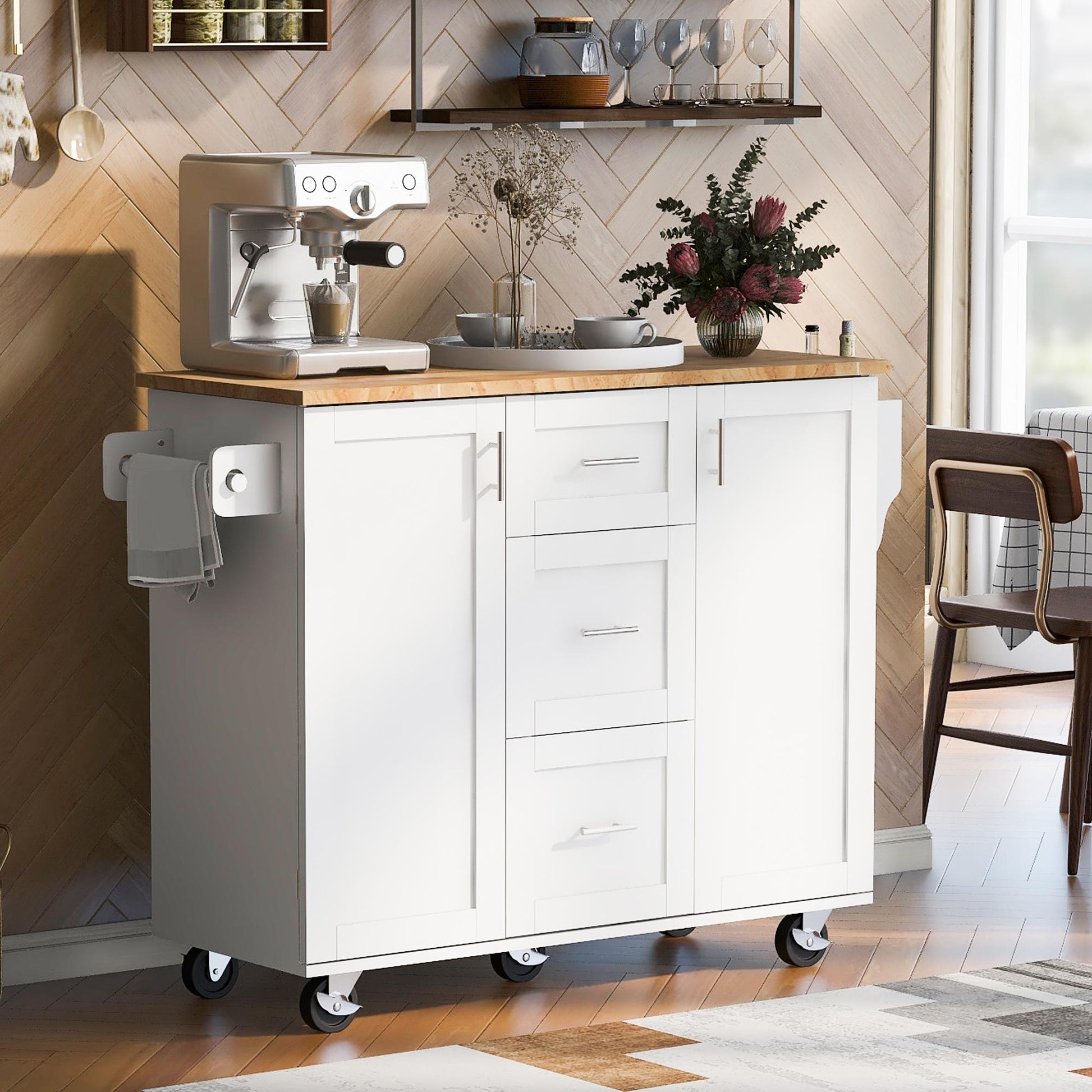Bayfeve White MDF Base with Wood Wood Top Rolling Kitchen Island ( 17-in x 50-in x 36.85-in )