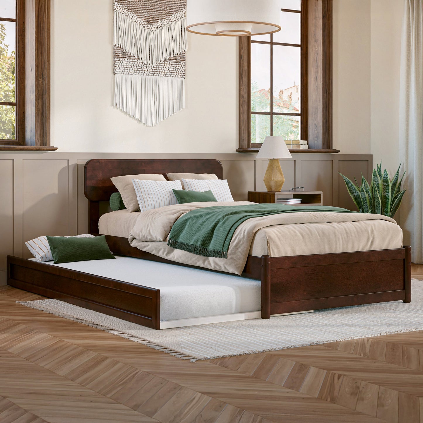 AFI Twin extra long Walnut Wood Trundle Bed with Headboard