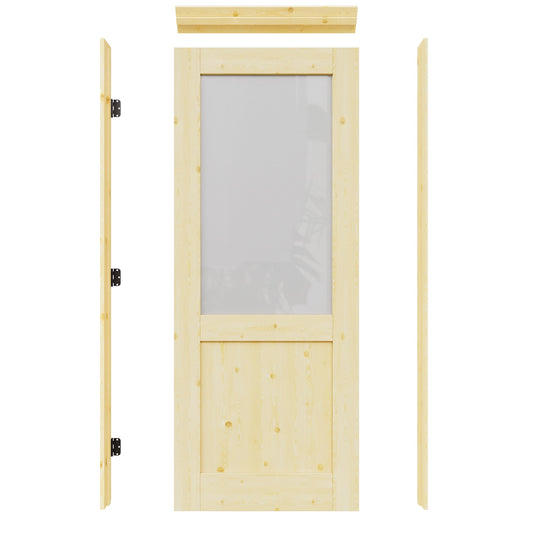 JUJUBON 32-in x 80-in Natural Quickly Assemble Jamb Solid core 1-panel Frosted glass Right hand Textured Unfinished Pine Wood Flat Jamb Single Prehung Interior Door