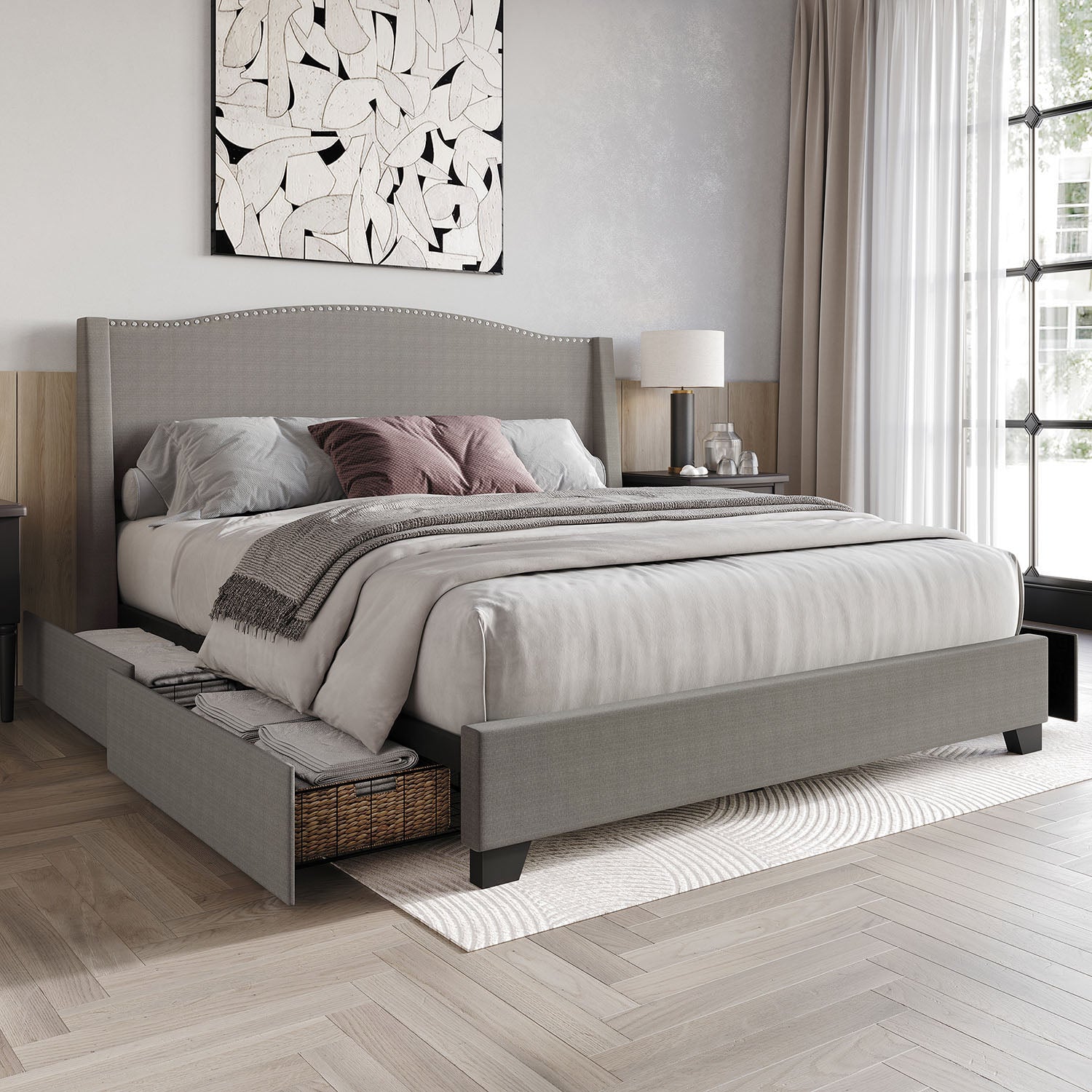 ChaletPosh King Light Grey Wood Storage Platform Bed with Headboard