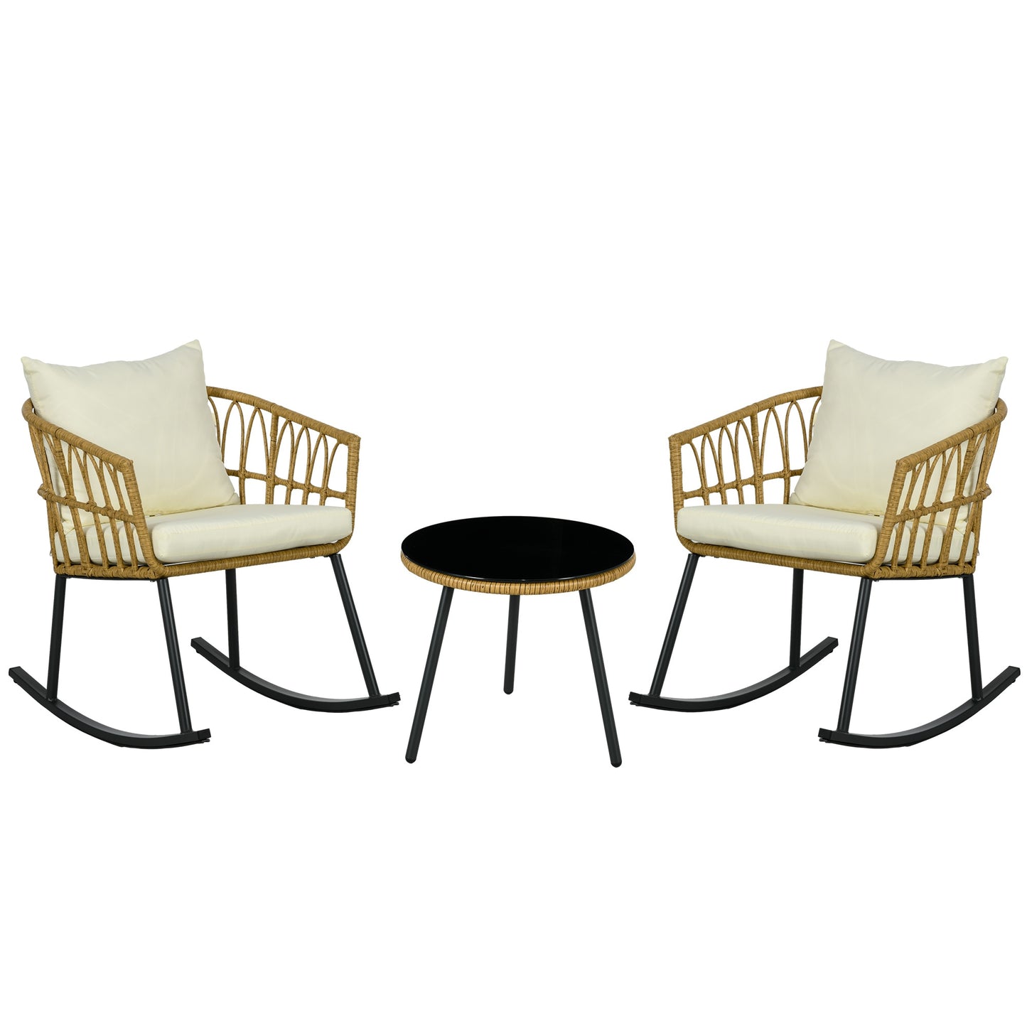 Damerin Patio Chairs Set of 2 Wicker Cream White Wicker Frame Stationary Rocking Chair with Off-white Woven Seat
