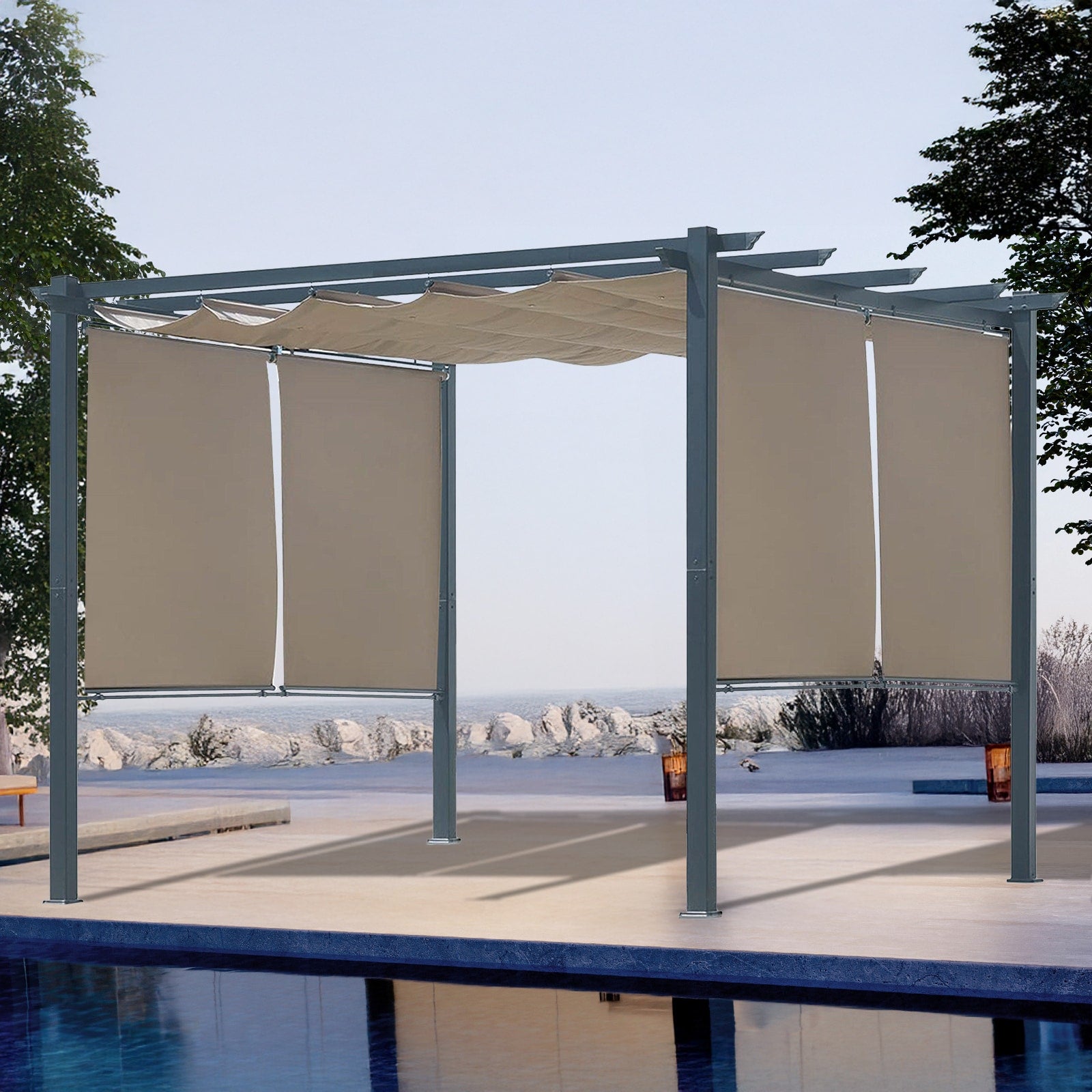 Aoodor Patio Pergola 10-ft W x 10-ft L x 7-ft 3-in H Brown Metal Freestanding Pergola with Canopy