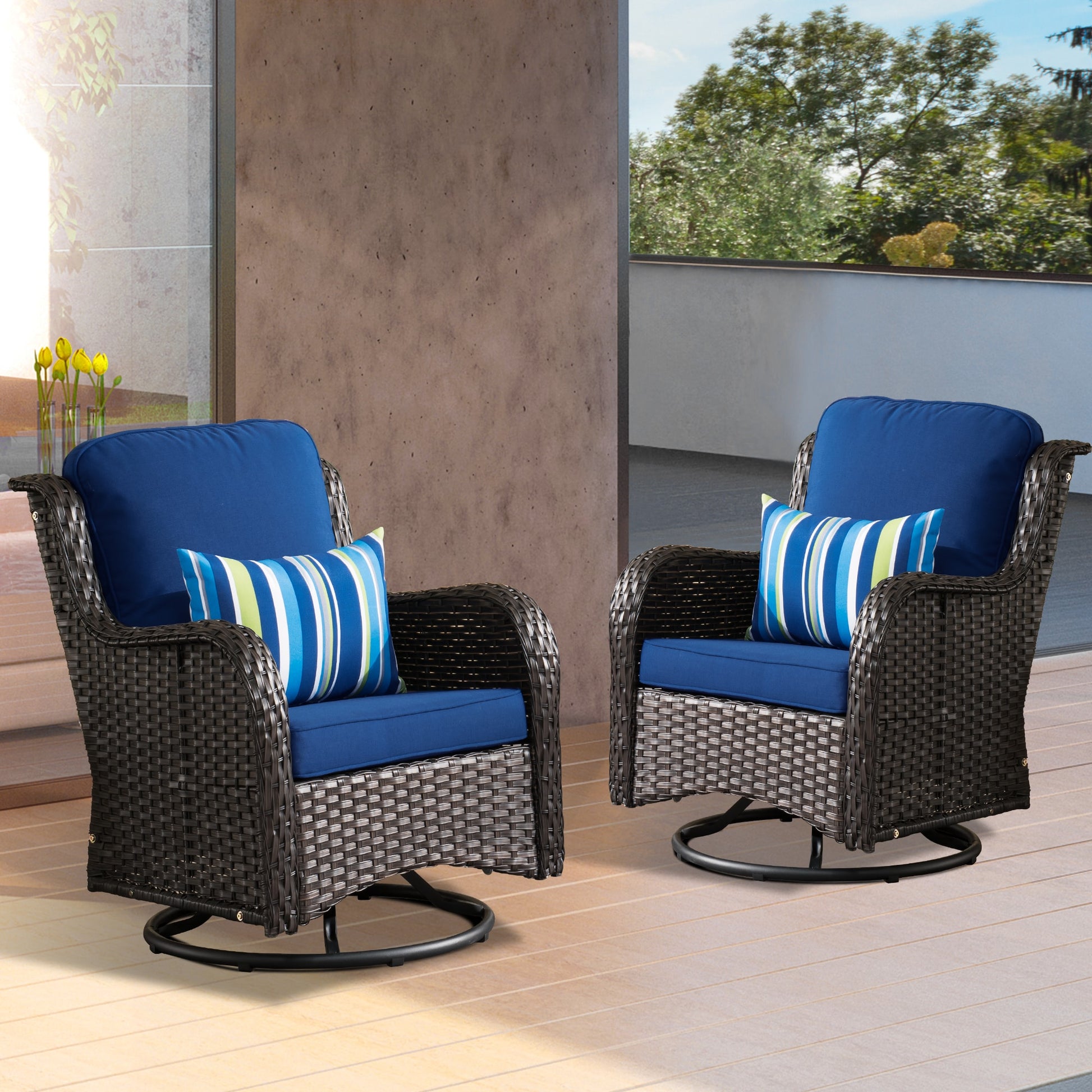 XIZZI Vesta Set of 2 Rattan Brown PE Rattan Rattan Frame Swivel rocker Rocking Chair with Navy Cushioned Seat