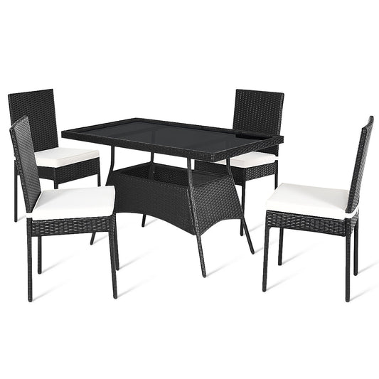 Ayelon Patio Dining Set 5 -Piece Black Wicker Patio Dining Set Wicker Rectangle Table with 4 Off-white Cushions Stationary Chairs