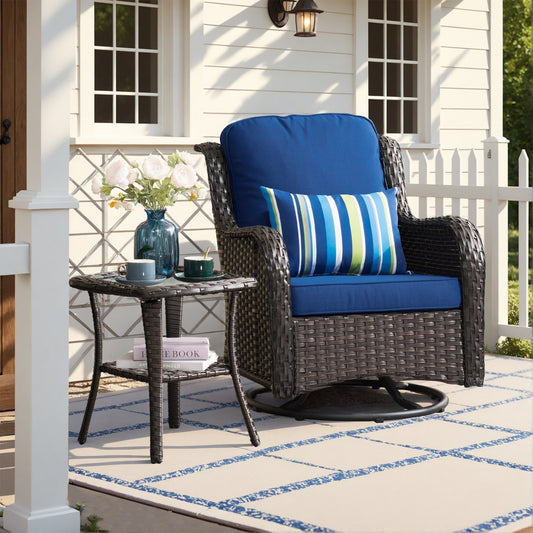 Pouuin Wicker Brown Metal Frame Swivel rocker Rocking Chair with Navy Cushioned Seat