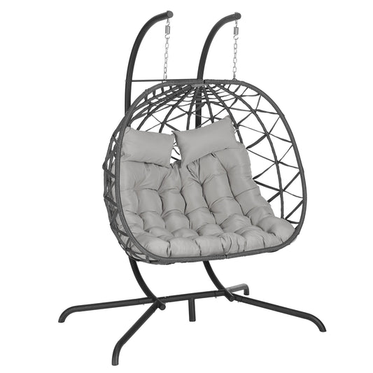 SINOFURN Rattan Black Metal Frame Hanging Egg Chair with Gray Cushioned Seat