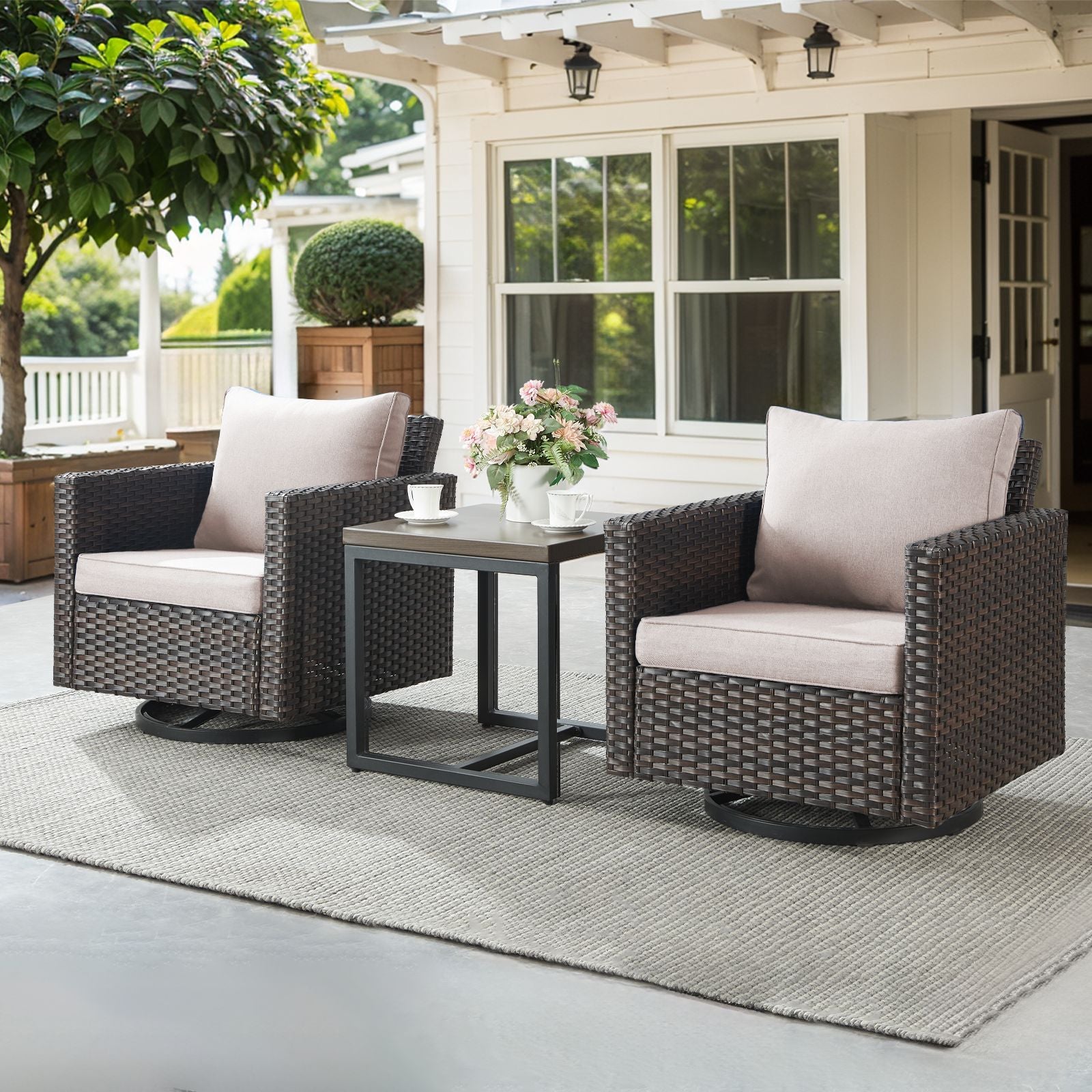 Jeehope PAnorama Series 3 -Piece Wicker Patio Conversation Set with Beige Cushions