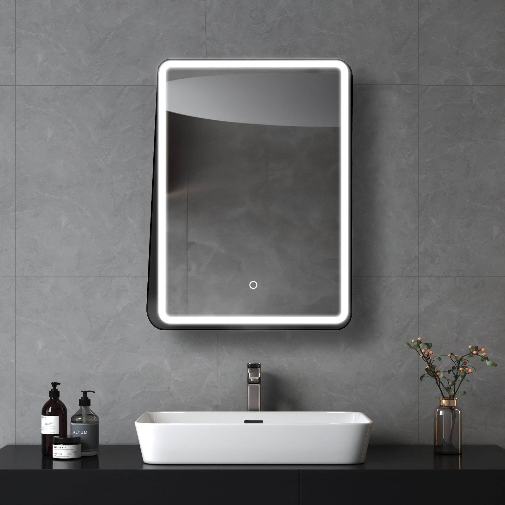Dreamwerks LED Mirrors 24-in x 32-in Framed Rectangle Dimmable LED Lighted Fog Free Bathroom Vanity Mirror ( Black )