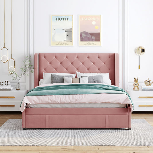 JIMSMAISON Pink Queen Wood Upholstered Bed with Storage
