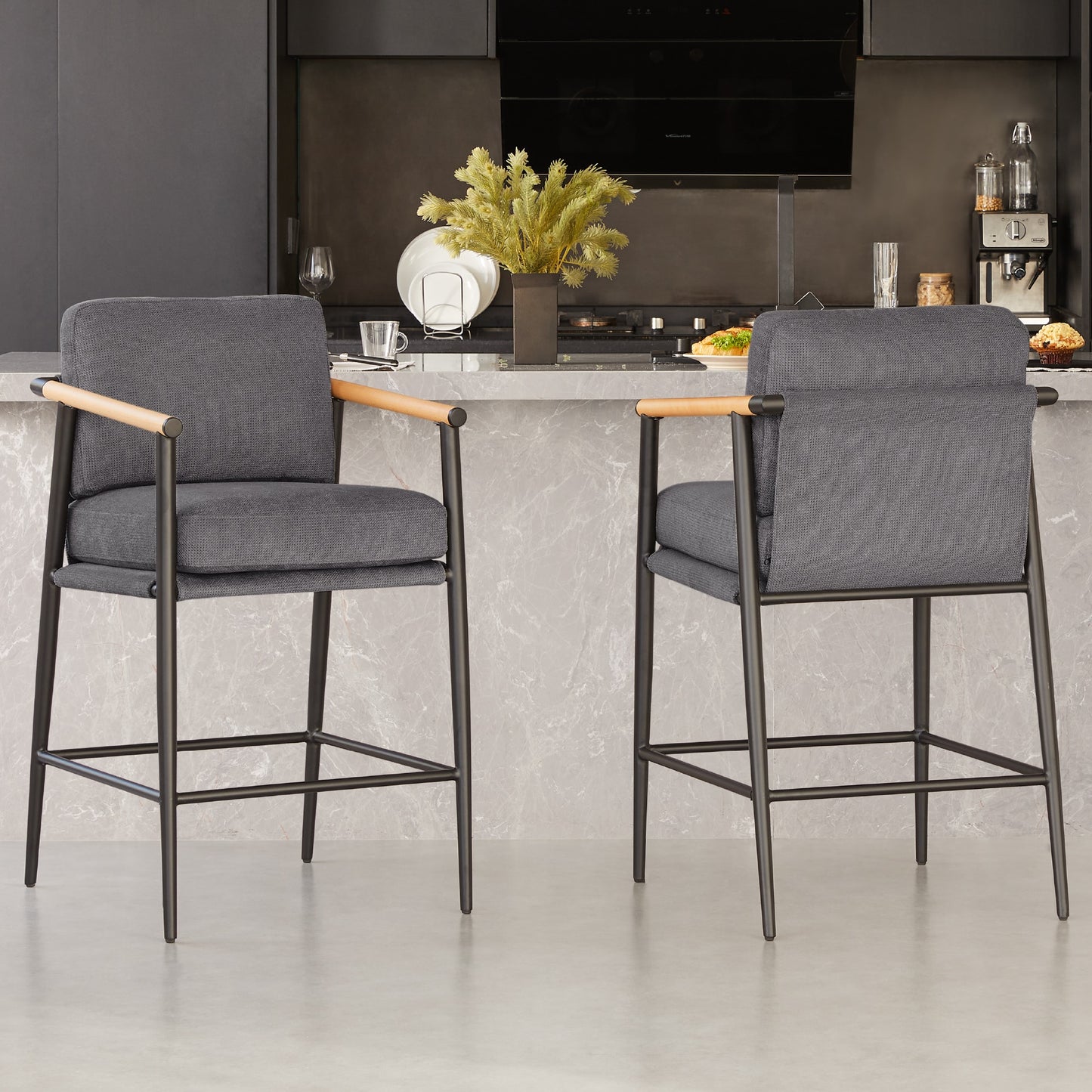 Circle 55 Gray/Fabric 27.2-in H Counter height Upholstered Wood Bar Stool 2 -Pack