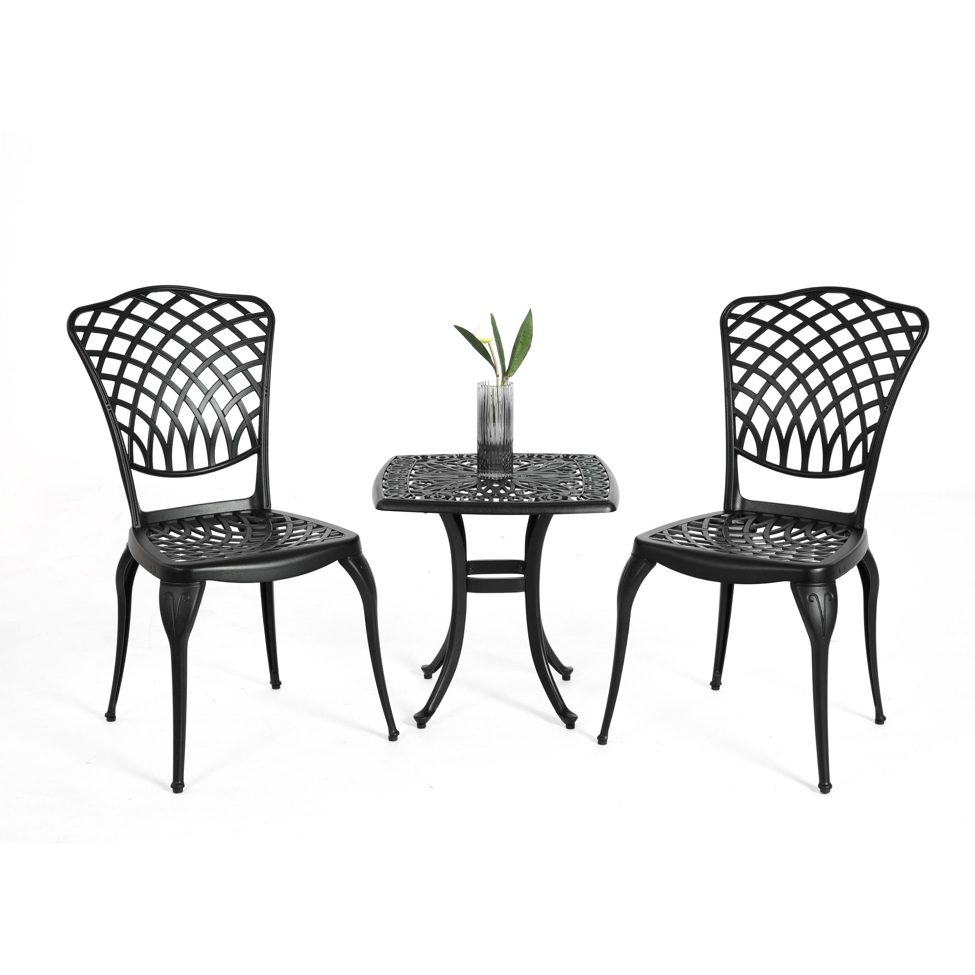 Bayfeve 3 Piece Cast Aluminum Patio Bistro Sets 3 -Piece Black Bistro Patio Dining Set Aluminum Square Table with 2 Stationary Chairs