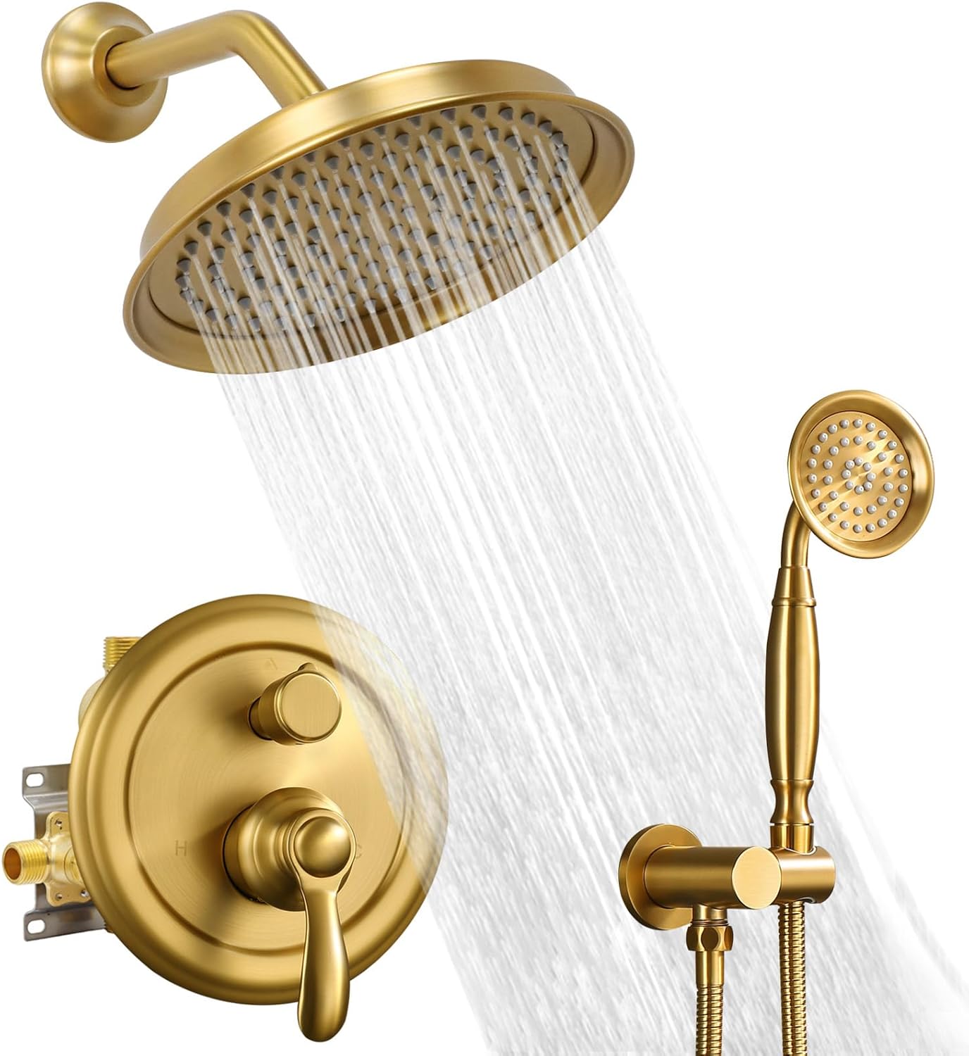 Homekicen Brushed-Gold Vintage Shower-Faucet Sets, Antique Brass Shower System, Wall Mounted, 9" Rain Head and Handheld Spray, 2 Way Diverter Rough in Valve with Trim Kit
