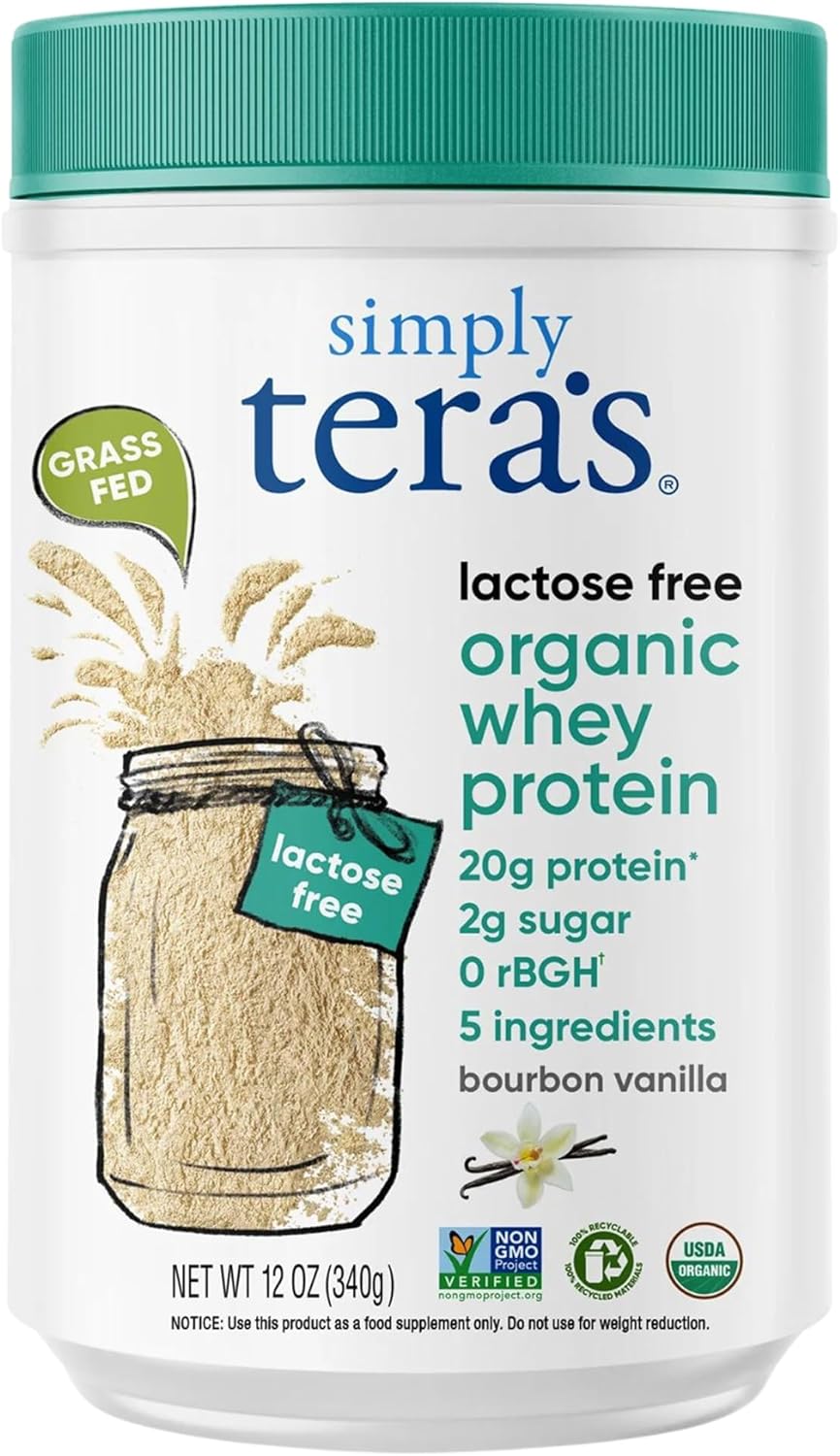 Simply tera's Lactose Free Organic Whey Protein - Lactose Free Protein Powder, Vanilla Protein Powder with 20g of Protein Per Serving, Non-GMO, Gluten-Free, rBGH-Free, Kosher - 12 Oz
