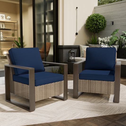 Gardenbee Set of 2 Wicker Brown Steel Frame Stationary Conversation Chair with Blue Cushioned Seat