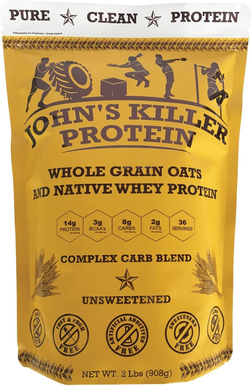 New - John's Killer Protein - Complex Carb Blend. A Perfect Mix of Double-Milled Organic Non-GMO Whole Oats and Our 100% Grass fed Protein. Dissolves smoothly & Ideal in Your Shaker Cup.