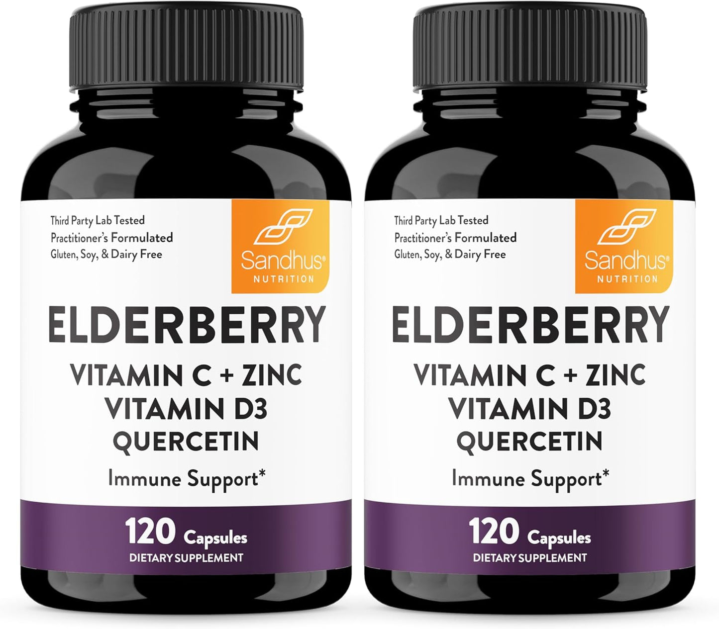 Sandhu's Elderberry Vitamin C Vitamin D3 with Zinc & Quercetin | Capsules for Men & Women | Supports Immune Health | 120 Count (Pack of 2)