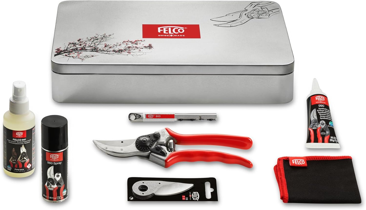 FELCO 933 Premium Pruning Kit – Includes 2, The Original Forged Aluminum Hand Pruner, Spare Blade, Sharpening Tool, Lubrication Spray & Cleaning Cloth | Swiss-Made Garden Tool Gift Set