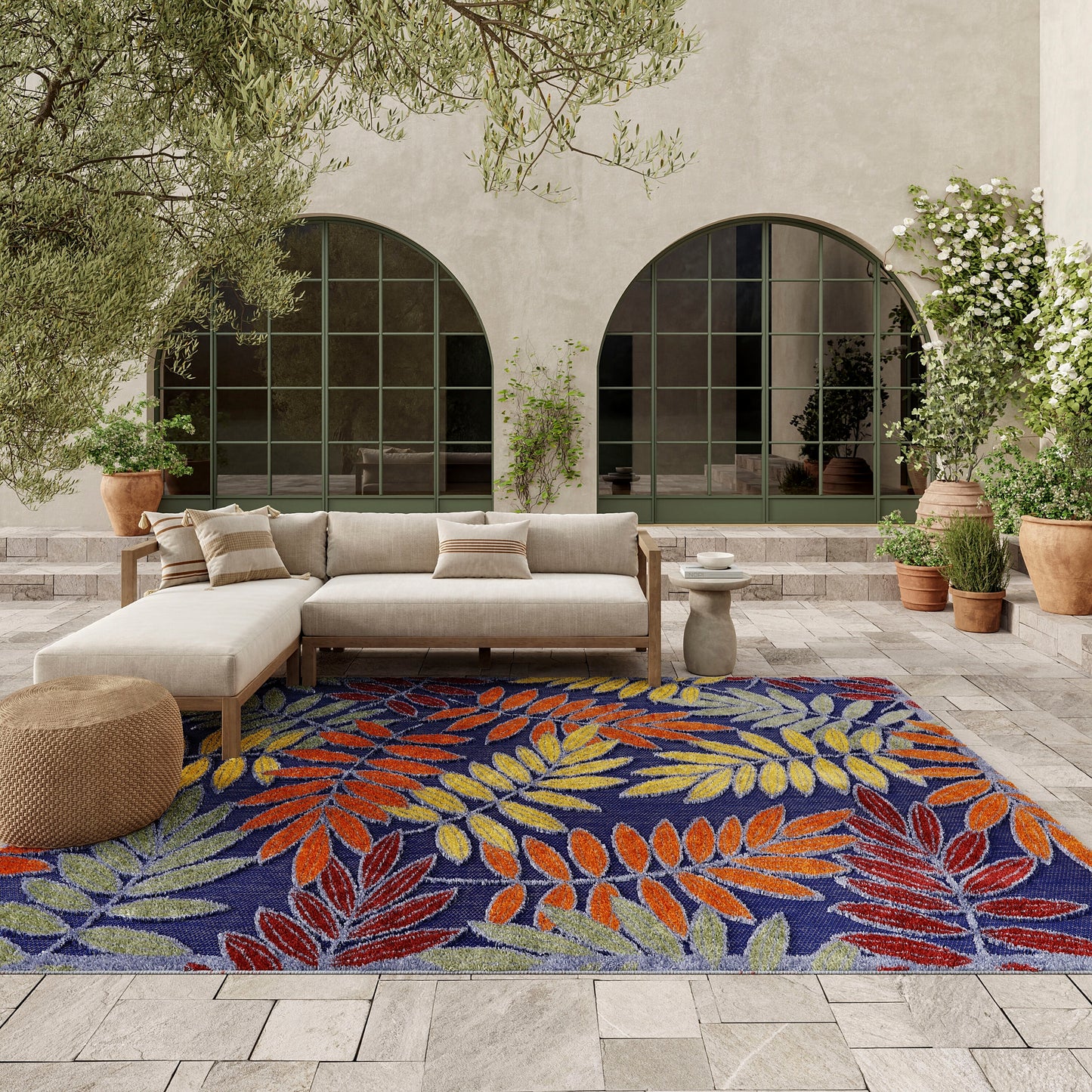 Nourison Home Aloha 9 x 12 (ft) Loomed Navy Multicolor Rectangular Indoor/Outdoor Floral/Botanical Tropical Area rug