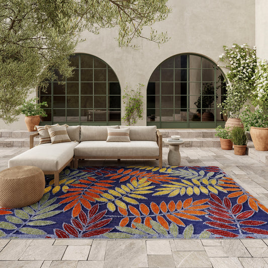 Nourison Home Aloha 9 x 12 (ft) Loomed Navy Multicolor Rectangular Indoor/Outdoor Floral/Botanical Tropical Area rug