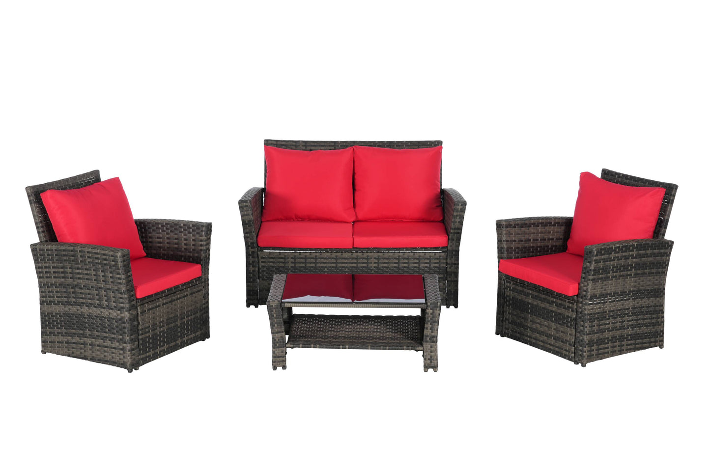 CESICIA Patio Chairs Set of 3 Wicker Gray Metal Frame Stationary Conversation Chair with Red Cushioned Seat