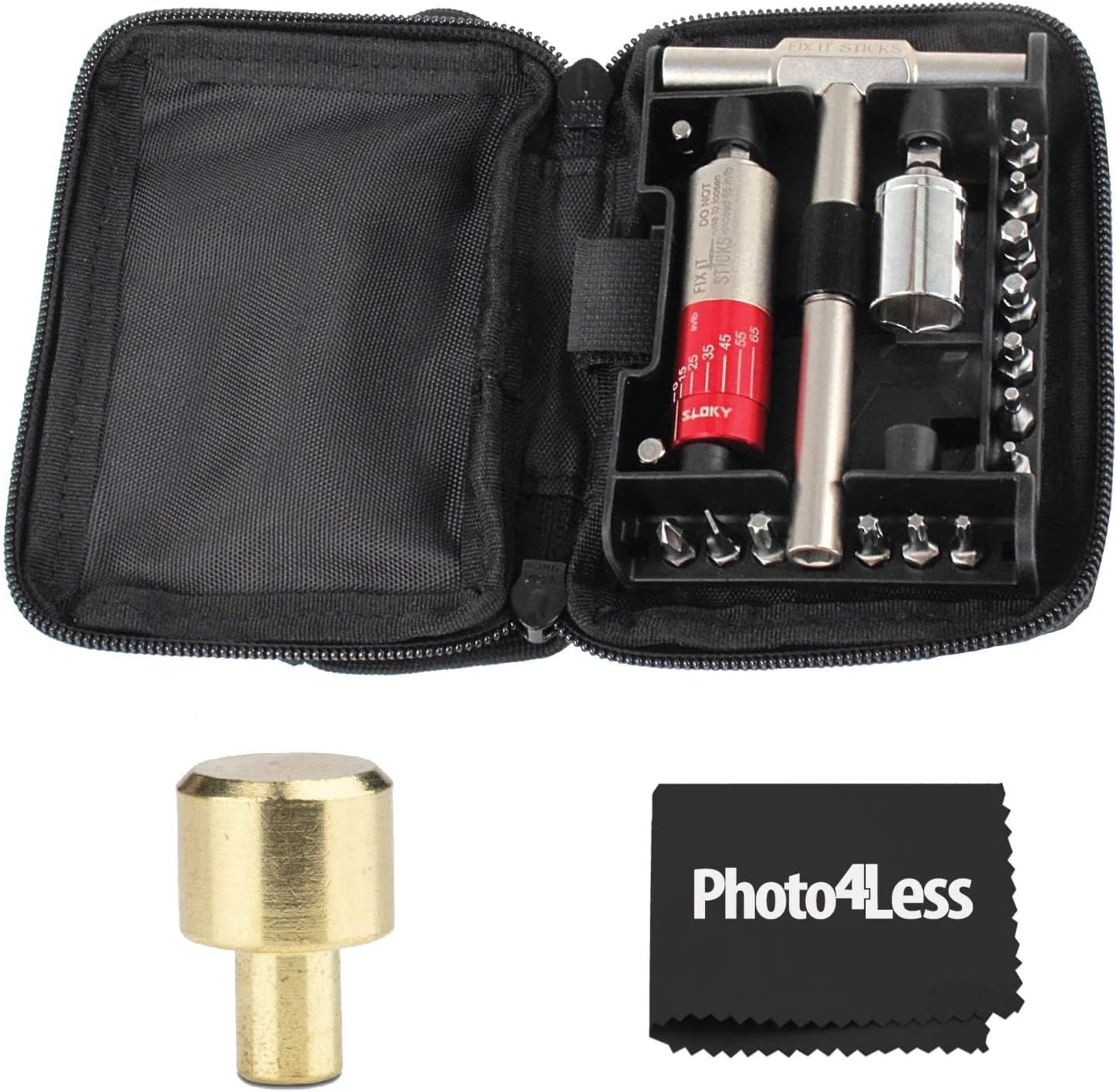 Fix It Sticks Tightening +/- 10% Accurate 15-65 inch-lbs All-In-One Torque Driver Tool Kit w/T-Way Wrench Bits Socket Adapters Bundle Brass Hammer Head Steel Insert Bit