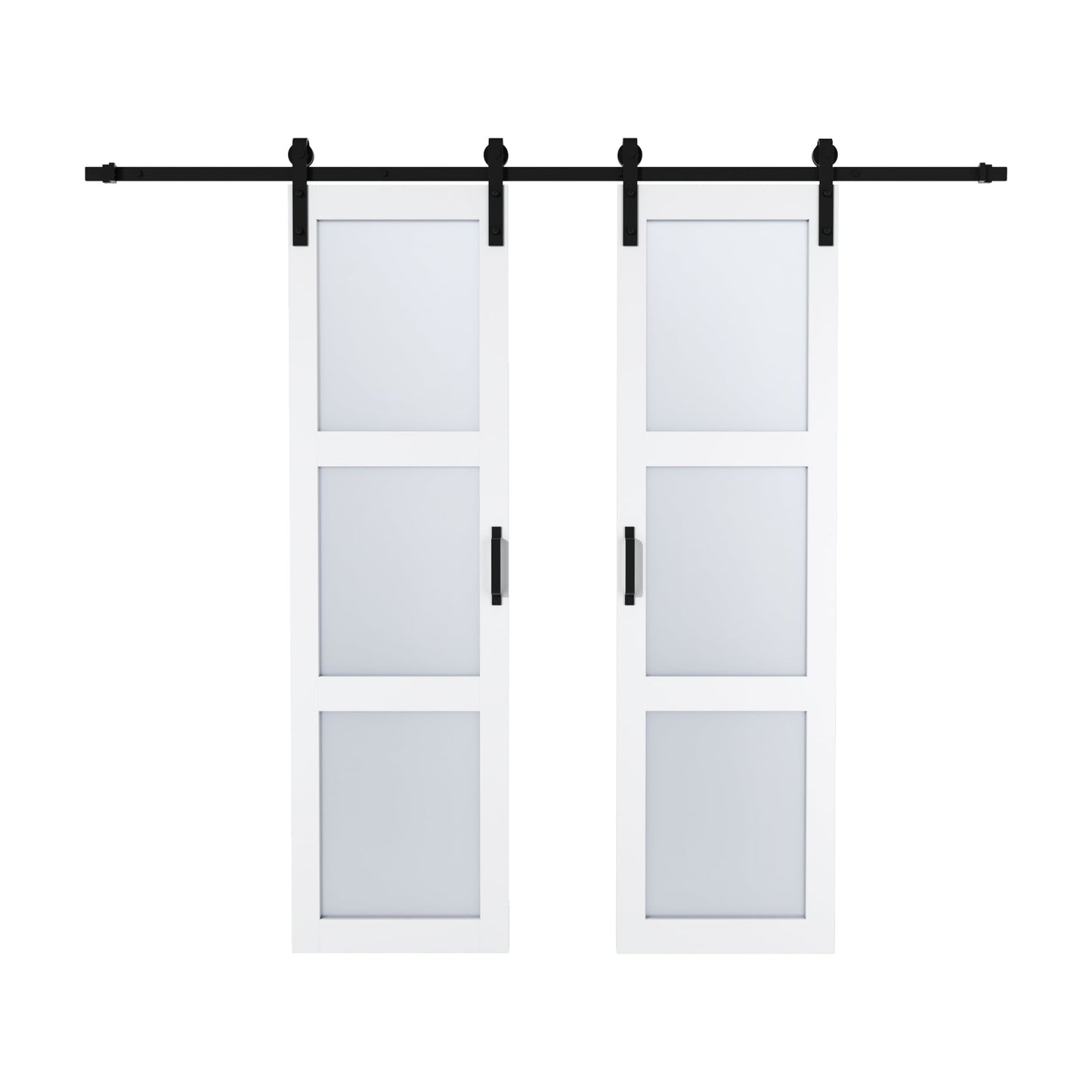 JUJUBON 36-in x 84-in White Primed Square Frosted glass MDF Solid core Double Barn Door (Hardware Included)