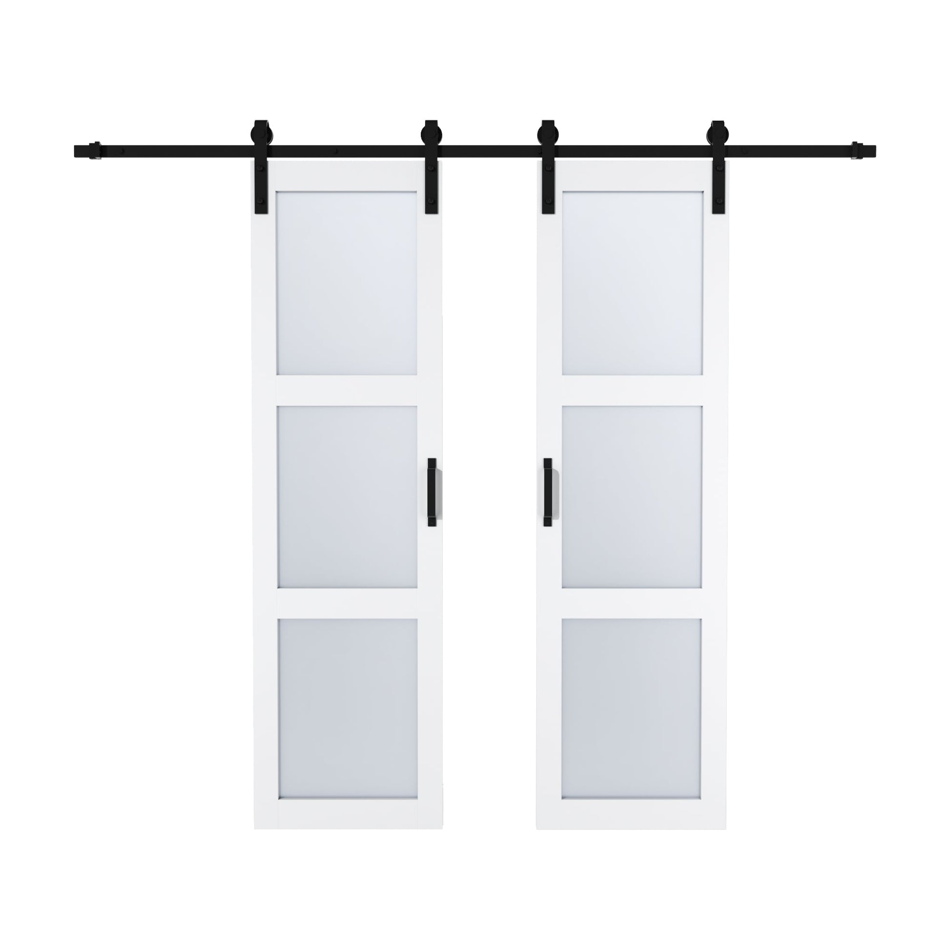 JUJUBON 36-in x 84-in White Primed Square Frosted glass MDF Solid core Double Barn Door (Hardware Included)