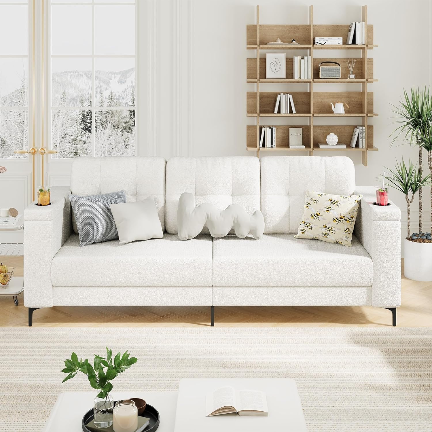 Qeetex 84 Inch Sofa Teddy Fleece Storage Armrests Cup Holders Side Pockets White