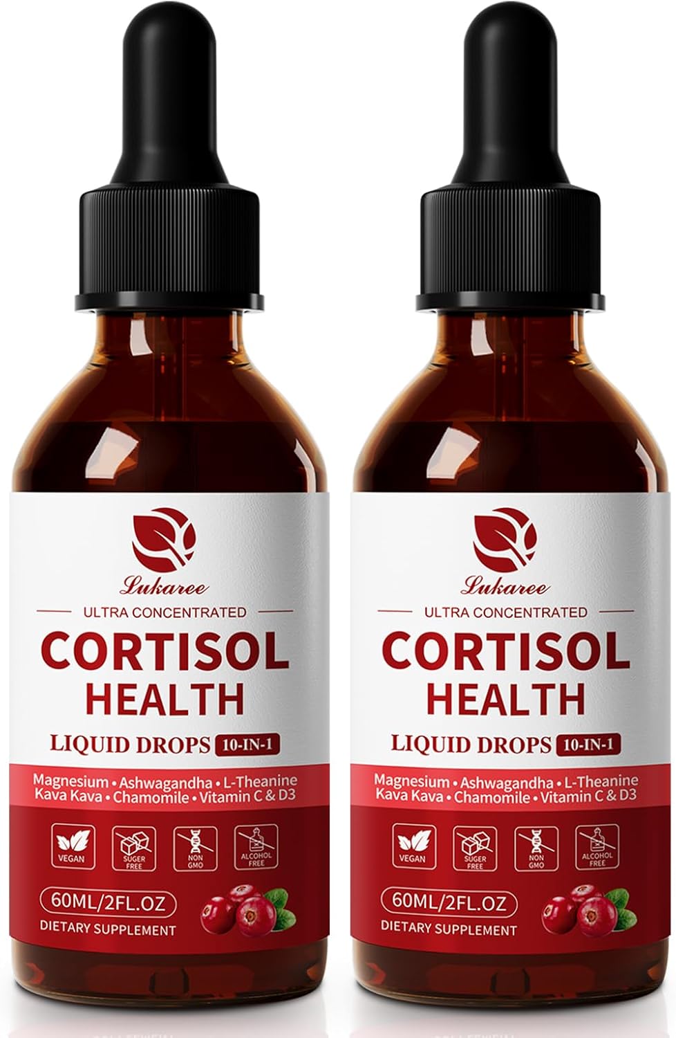 Cortisol Supplements for Women & Men, 10 in 1 Cortisol Detox Manager Reducer with Magnesium, Ashwagandha, L-theanine, Hormone Balance Liquid Drops - Mood, Focus, Sleep-2 FL.OZ, Cranberry Flavor, 2Pack