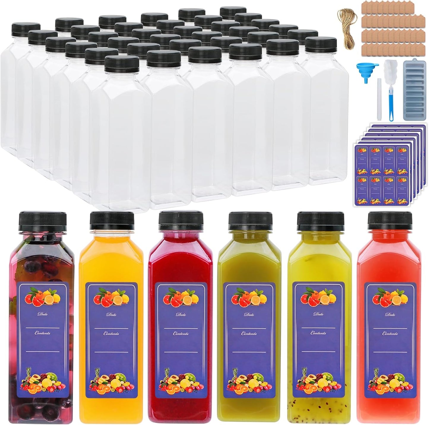 16oz Plastic Juice Bottles with Caps,Plastic Bottles with Black Tamper Proof Lids,Reusable Juice Containers for Juicing,Milk,Hot Sauce,Kombucha,Oil,Ginger Jar,Portable Travel Bottle,Smoothies,42PCS