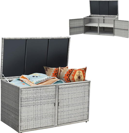 Giantex Rattan Deck Box Outdoor&Indoor 88 Gallon Wicker Storage Box W\/Separate Storage Shelf, Openable Door and Tools Storage for Patio,Garden, Balcony, Porch, Yard Rattan Storage Box (Gray)