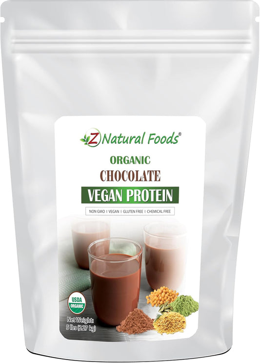 Z Natural Foods Organic Chocolate Vegan Protein Powder - Optimum Protein Blend Sourced from Pea, Brown Rice and Pumpkin with Cacao to Give A Delicious Chocolate Flavor Boost, Vegan, Stevia Sweetened