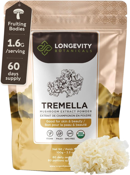 Longevity Botanicals Organic Tremella Mushroom Extract Powder 100g | Concentrated 10:1 Ratio, 100% Fruiting Bodies | White Snow Fungus Mushroom Supplement for Skin, Hair, Nails, Joints & Brain Support
