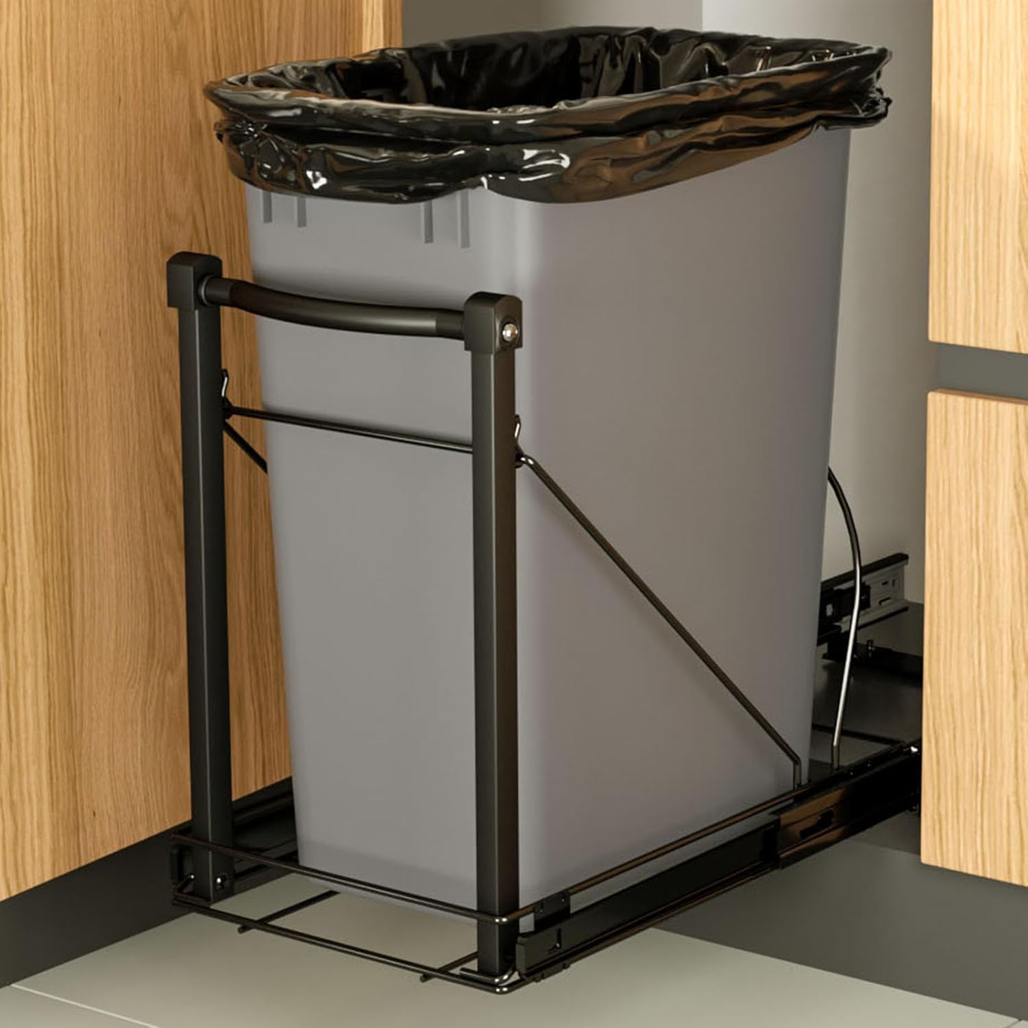Adjustable Under Cabinet Trash Can Organizer with Soft Close Rail - Heavy Duty Black Steel Under Sink Pull-Out Organizer, Fits 7-13 Gallon, Up to 125 lbs Capacity (Trash Can Not Included)