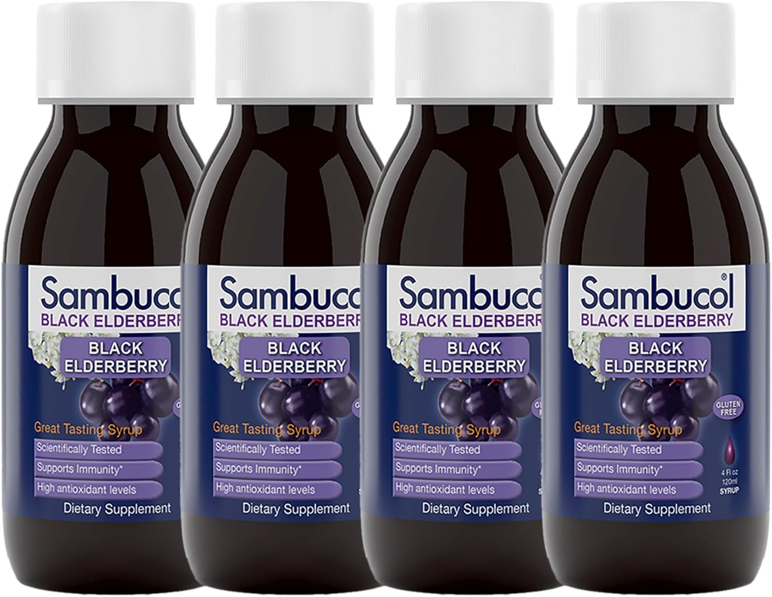 Sambucol Black Elderberry Syrup - Sambucus Elderberry Syrup, Black Elderberry Liquid, Immune Support for Kids and Adults, High Antioxidants, Gluten Free - Original Formula, 4 Fl Oz, 4-Pack