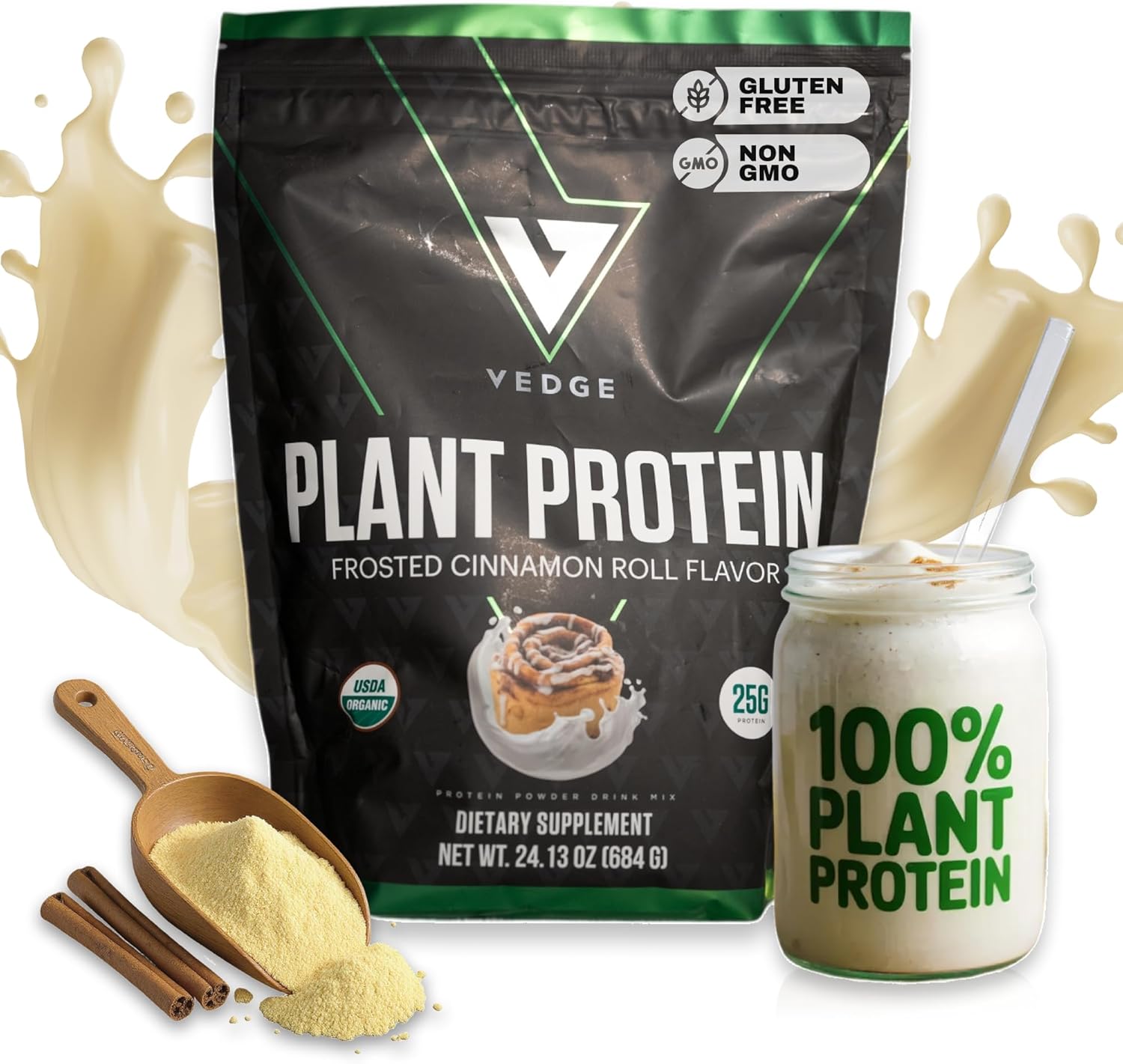 vedge Vegan Protein Powder - Plant Protein Powder with Pea, Pumpkin & Sunflower - USDA Organic, Amino Acids, Dairy Free, Gluten Free, Soy Free, Keto, Non GMO, Smooth Texture - Cinnamon - 20 Servings