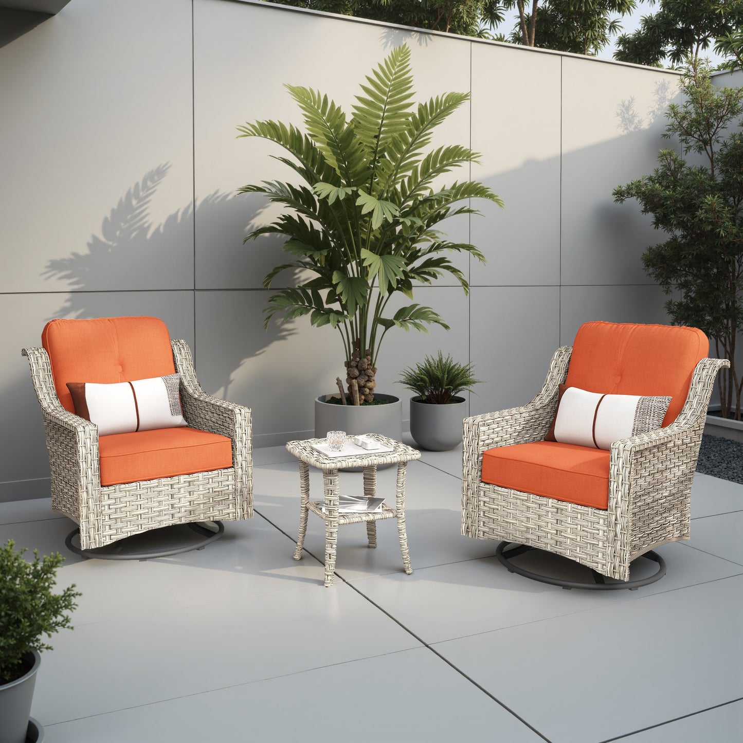 weaxty Aireno Set of 2 Wicker Black Steel Frame Swivel rocker Conversation Chair with Red Cushioned Seat