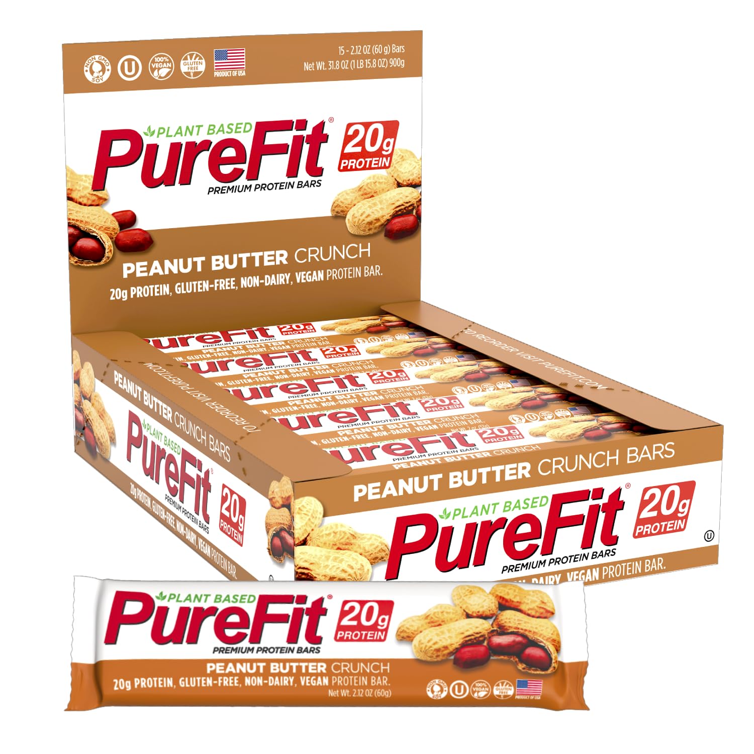 PureFit,Protein Bar, Peanut Butter Crunch,Pack of 15 Protein Bars | 20g of Protein | 220 Calories | 8g of Sugar | 3g of Dietary Fiber | 900g of Pack- High Protein, Low Carb, Gluten Free Protein Bar,Vegan Protein Bars,Healthy Snack