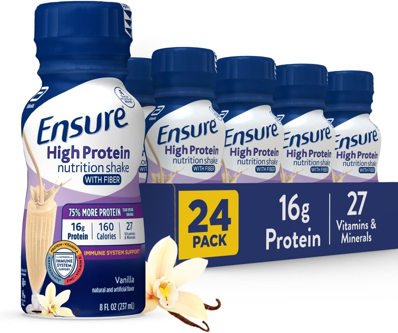 Ensure High Protein Vanilla Nutrition Shake with Fiber, Ready to Drink, 16g Protein and 27 Vitamins and Minerals, 8 fl oz, 24 Pack