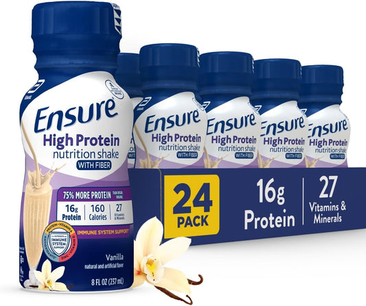 Ensure High Protein Vanilla Nutrition Shake with Fiber, Ready to Drink, 16g Protein and 27 Vitamins and Minerals, 8 fl oz, 24 Pack