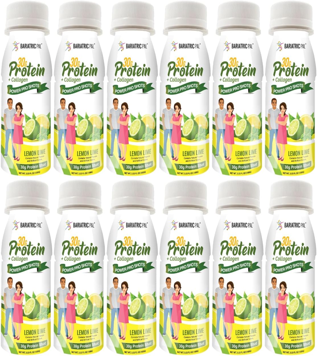 BariatricPal 30g Whey Protein & Collagen Sugar-Free Power Pro Shots - Lemon Lime (12 Bottles)