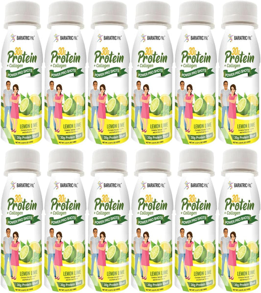 BariatricPal 30g Whey Protein & Collagen Sugar-Free Power Pro Shots - Lemon Lime (12 Bottles)