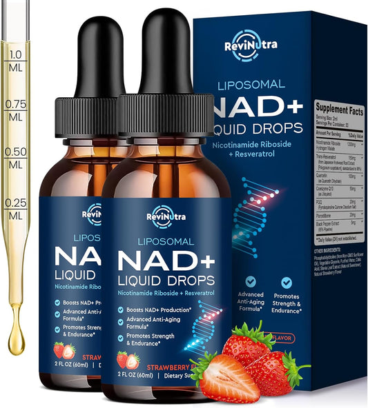 Liposomal NAD Supplement - 1200mg NAD+ Liquid Drops for Women & Men, Nicotinamide Riboside with Resveratrol, PQQ, CoQ10, Quercetin for Anti-Aging, Brain & Cellular Mitochondrial, Strawberry 4 Fl Oz