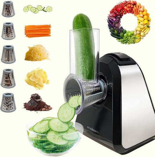 5 in 1 Electric Cheese Grater Salad Shooter Maker for Block Cheese Home Kitchen Electric Food Slicer Shredder Chopper Automatic Grater for Vegetables Cucumber Carrots Cabbage Nuts