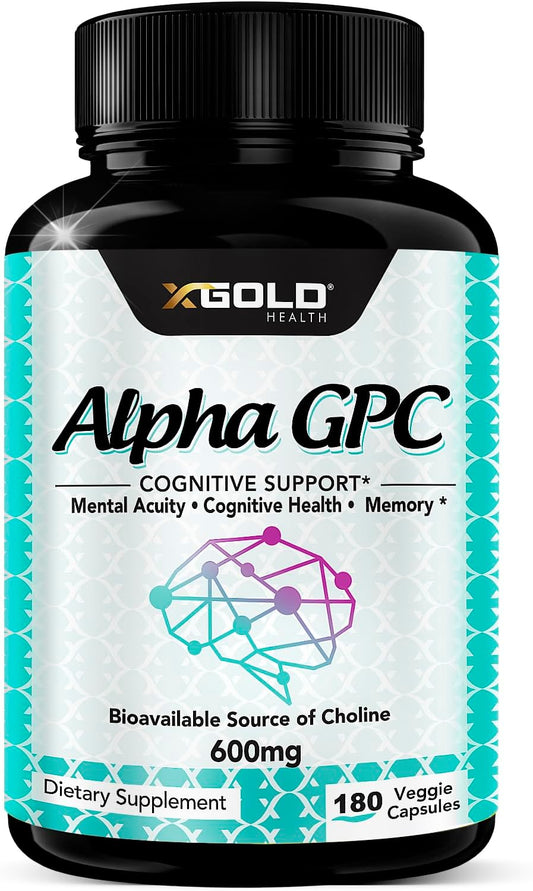 Alpha GPC Choline Supplement 600mg, 99%+ Highly Purified, Highly Bioavailable Source of Choline,180 Veggie Capsules, Cognitive Enhancer Nootropic, Supports Memory & Brain Function, Boosts Focus & Mood