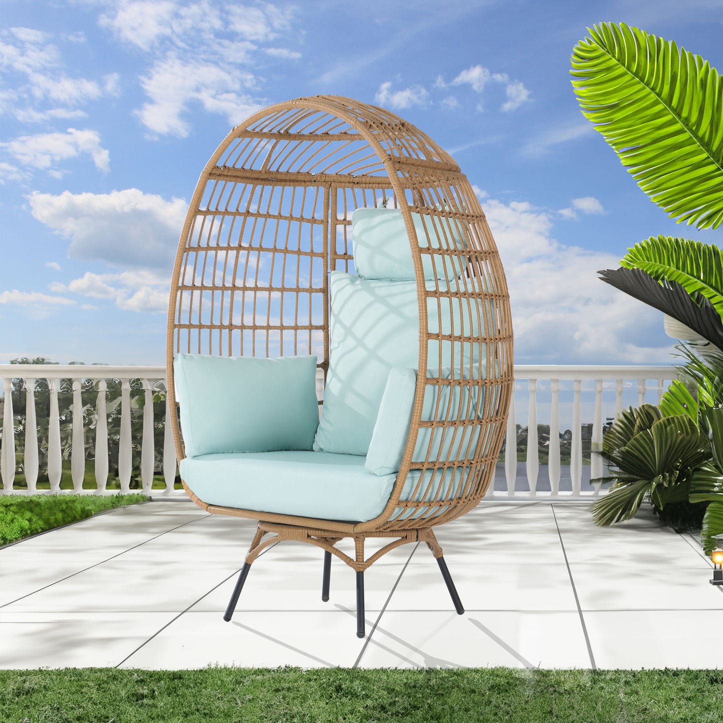 SANSTAR Patio Chairs Wicker Brown Wicker Frame Swivel Egg Chair with Blue Cushioned Seat