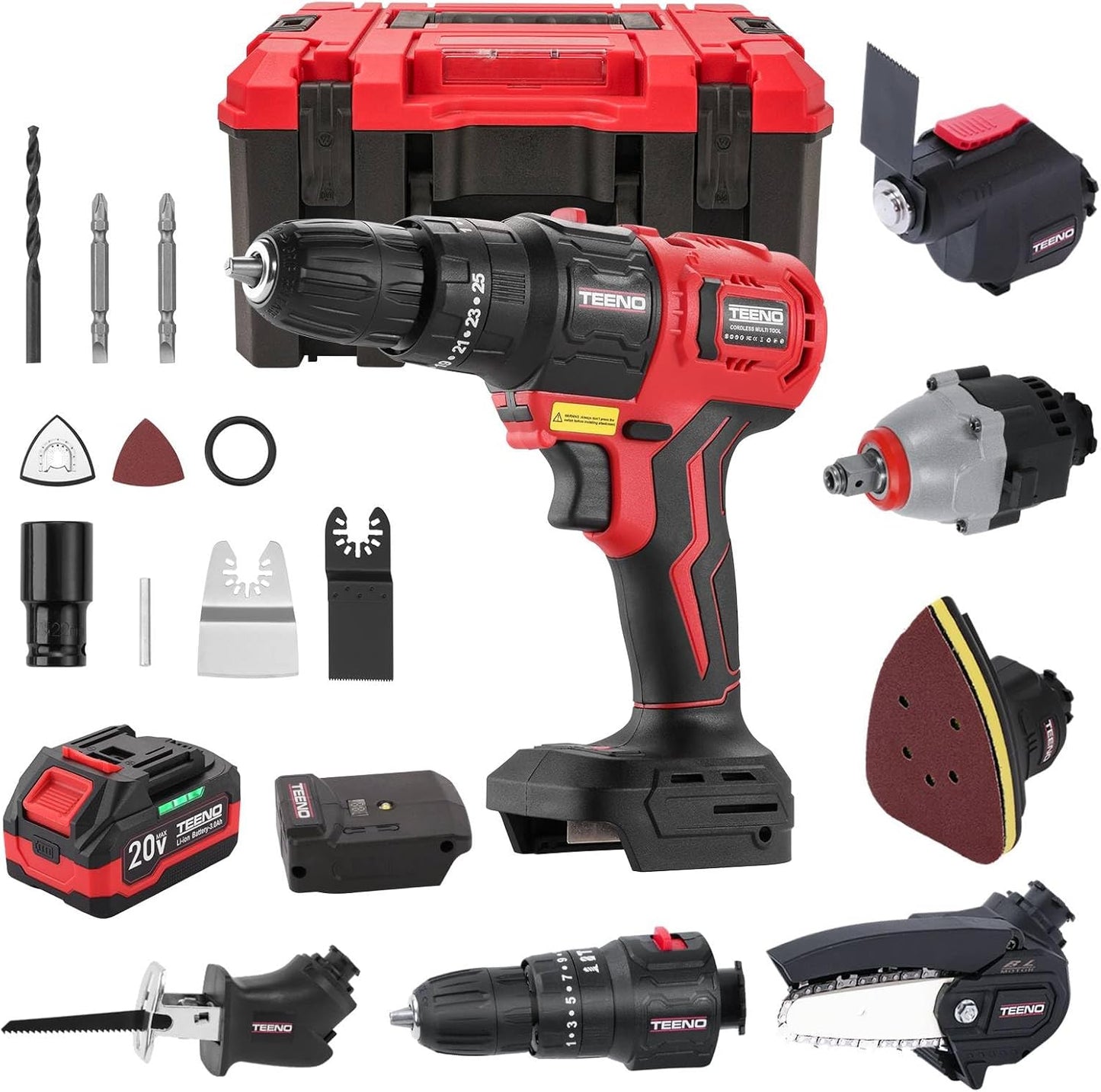Cordless Combo Kit 20V, 8-in-1 Cordless Multi-tool with Case, Drill, Recip saw, Chain Saw, Impact wrench, Oscillating Tool, Sander with Accessories, 3.0Ah Lionthium Battery and Charger