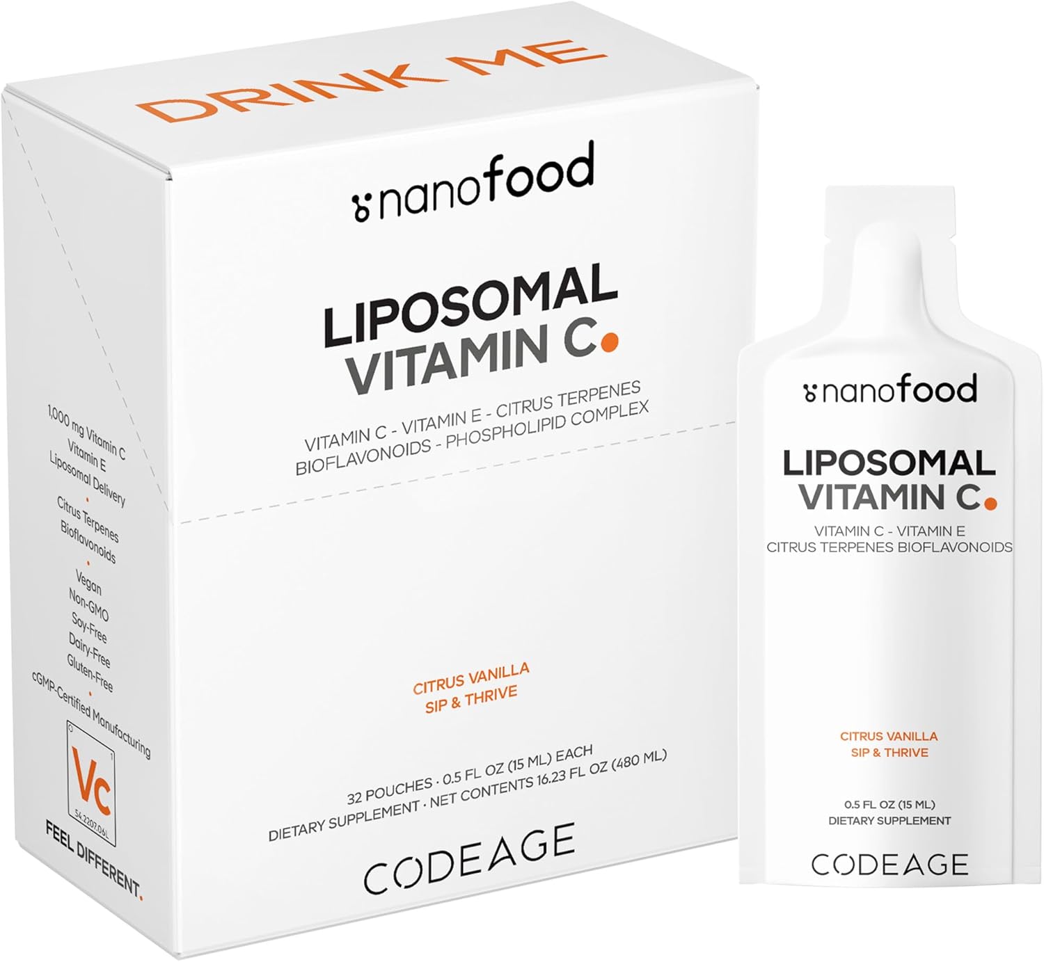 Codeage Liposomal Vitamin C Liquid 1000mg Vitamin C, 4000mg Essential Phospholipids, Supplement For Daily Immune Support, Liposomes For Absorption, Citrus Bioflavonoids, Vitamin E, Non-GMO, 32 Pouches
