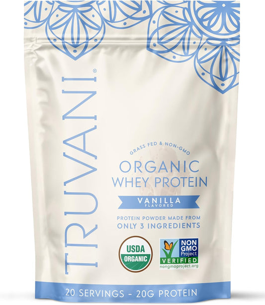 Truvani Organic Whey Protein Powder | Vanilla | 20g Grass Fed Whey Protein | 20 Servings | USDA Organic & Non-GMO | Gluten Free | No Gums, No Soy, No Stevia, No Added Sugars