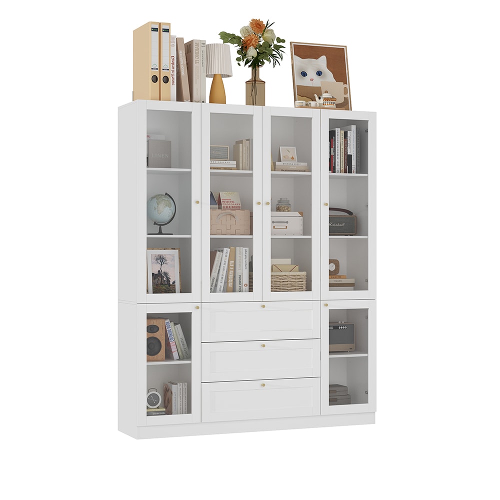 Homsee 63 in White Wood Bookcase Storage Cabinet with Acrylic Glass Doors and 3 Drawers